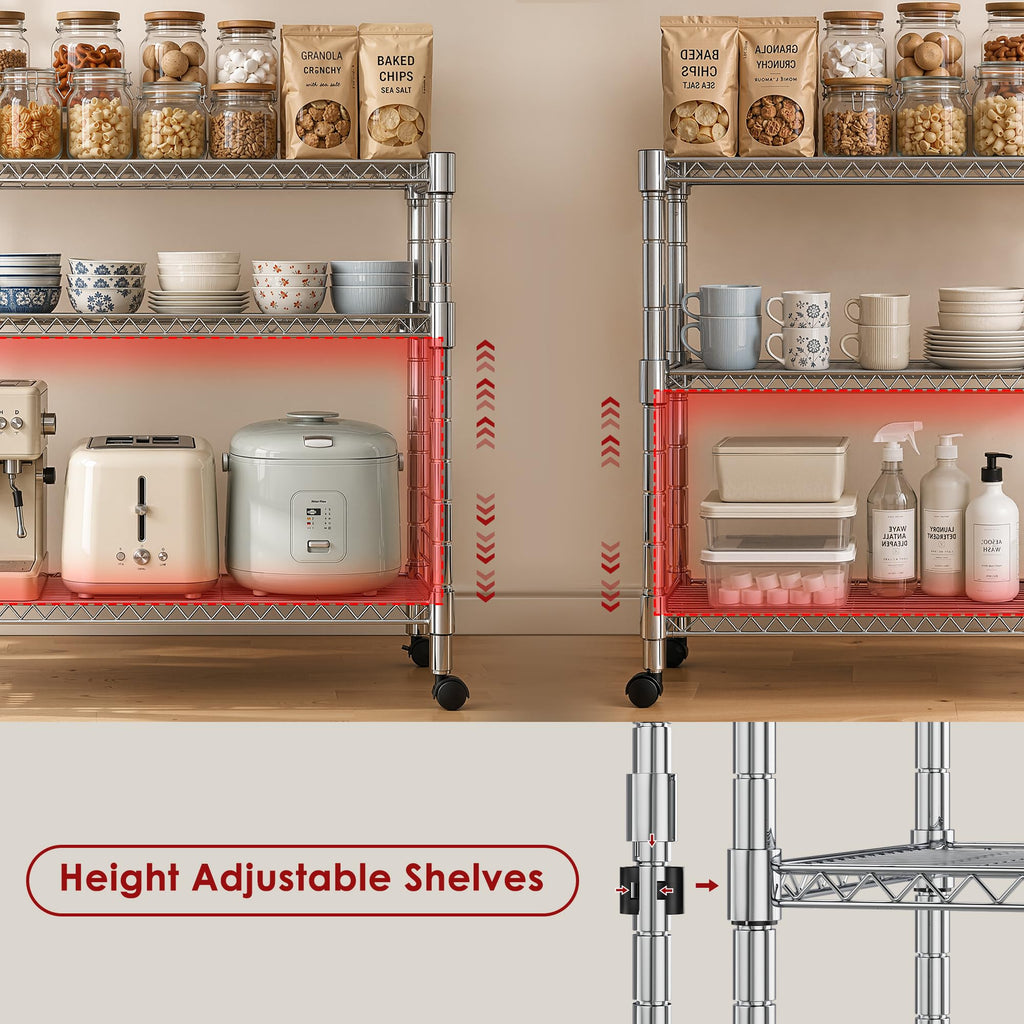 Heavy Duty 3-Shelf Chrome Steel Shelving Unit with Wheels S32281