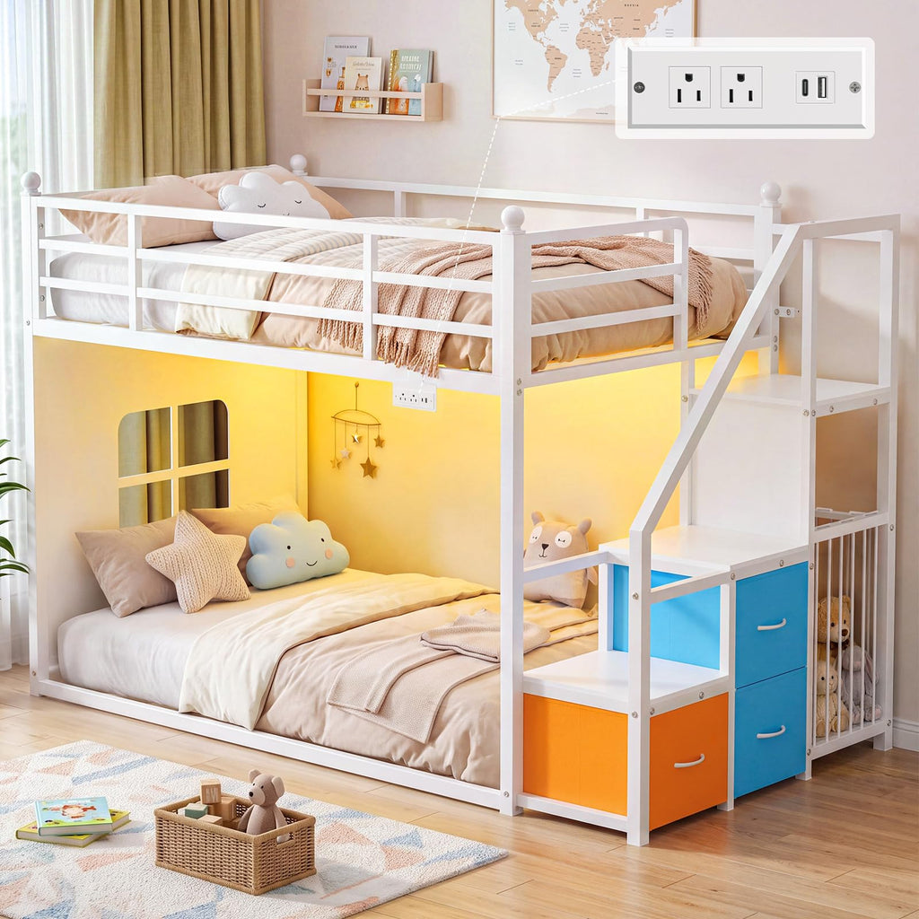 White Twin Over Twin Bunk Bed with Stairs and 3 Storage Drawers P720