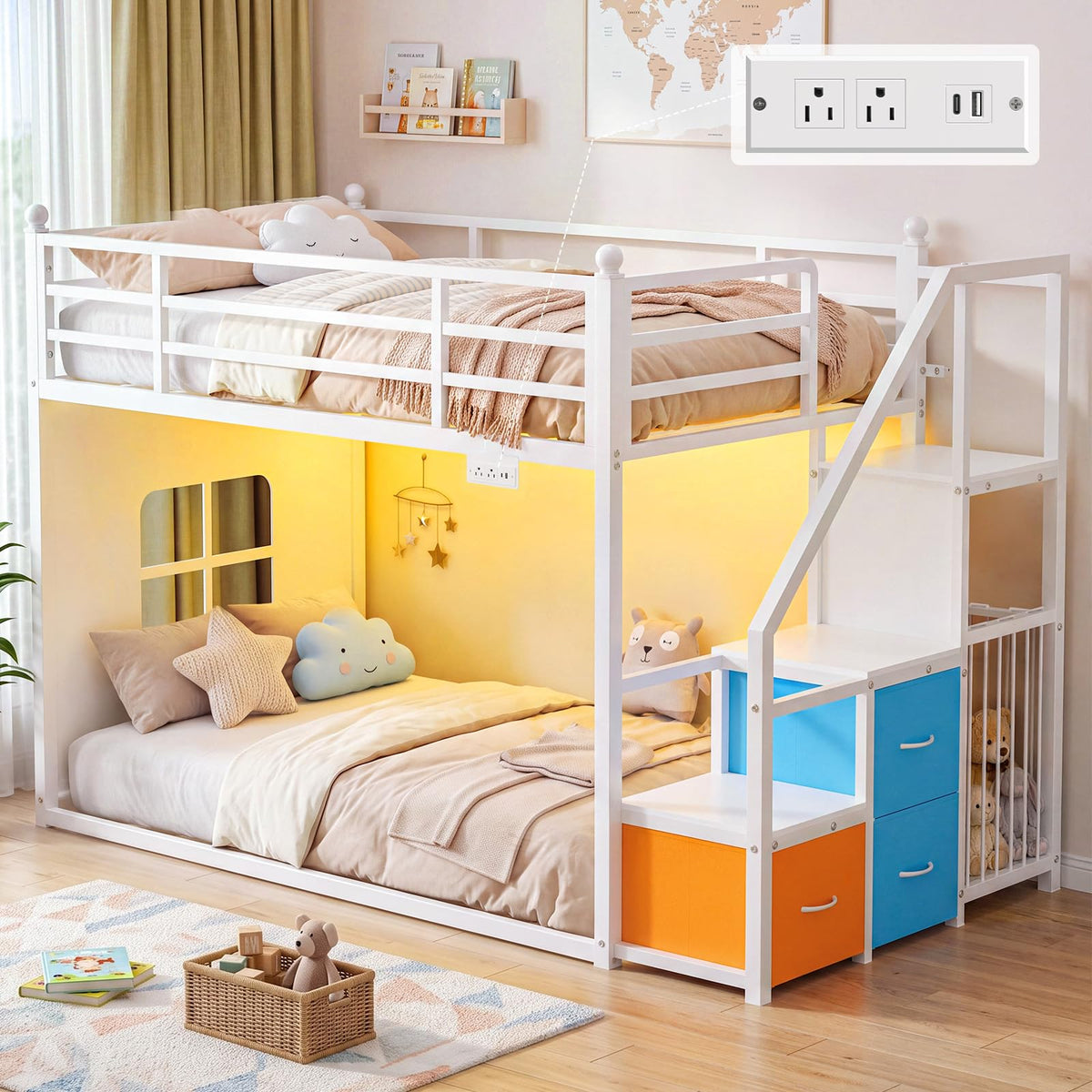 White Twin Over Twin Bunk Bed with Stairs and 3 Storage Drawers P720