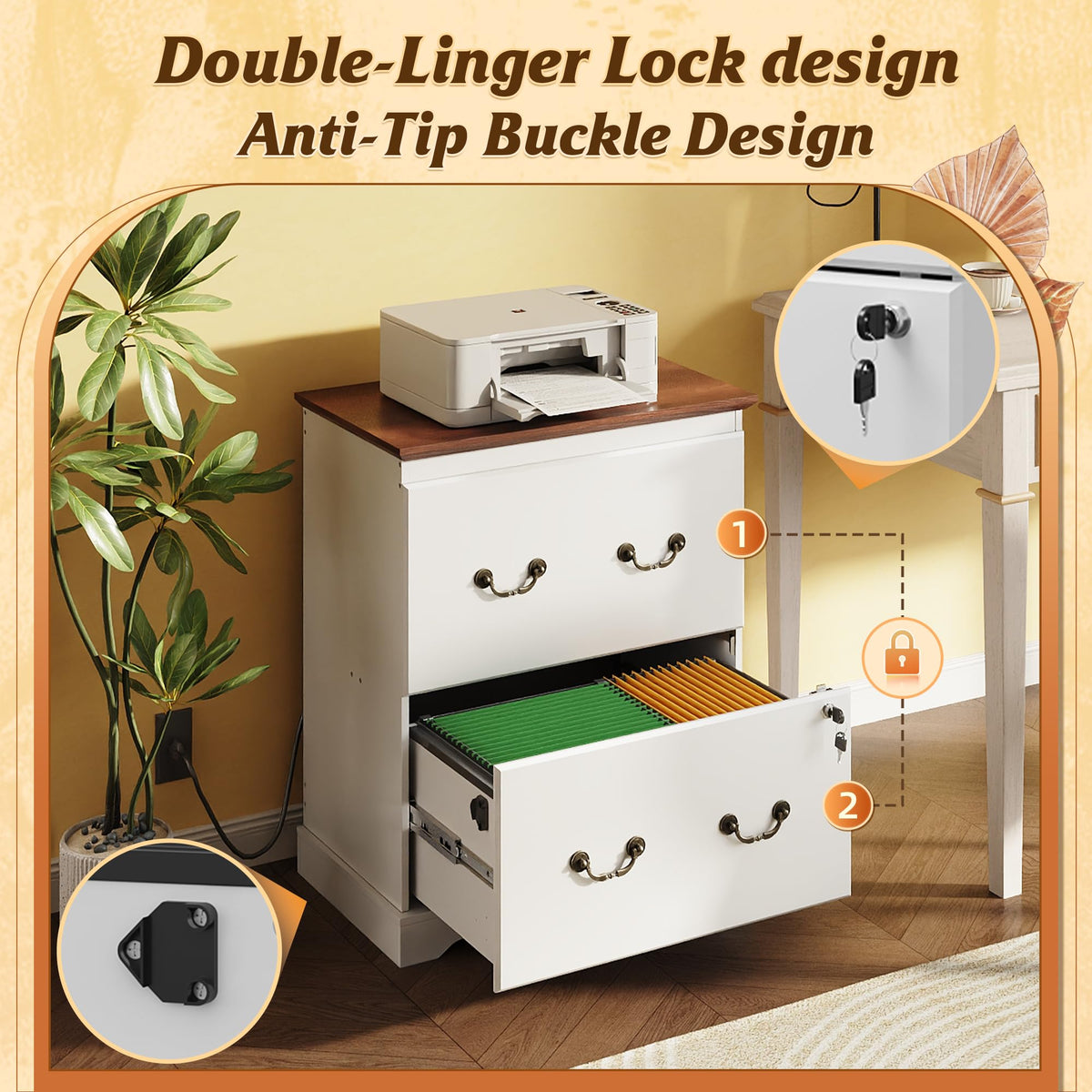 White 2 Drawer Wood File Cabinet with Charging Station and Lock T2986