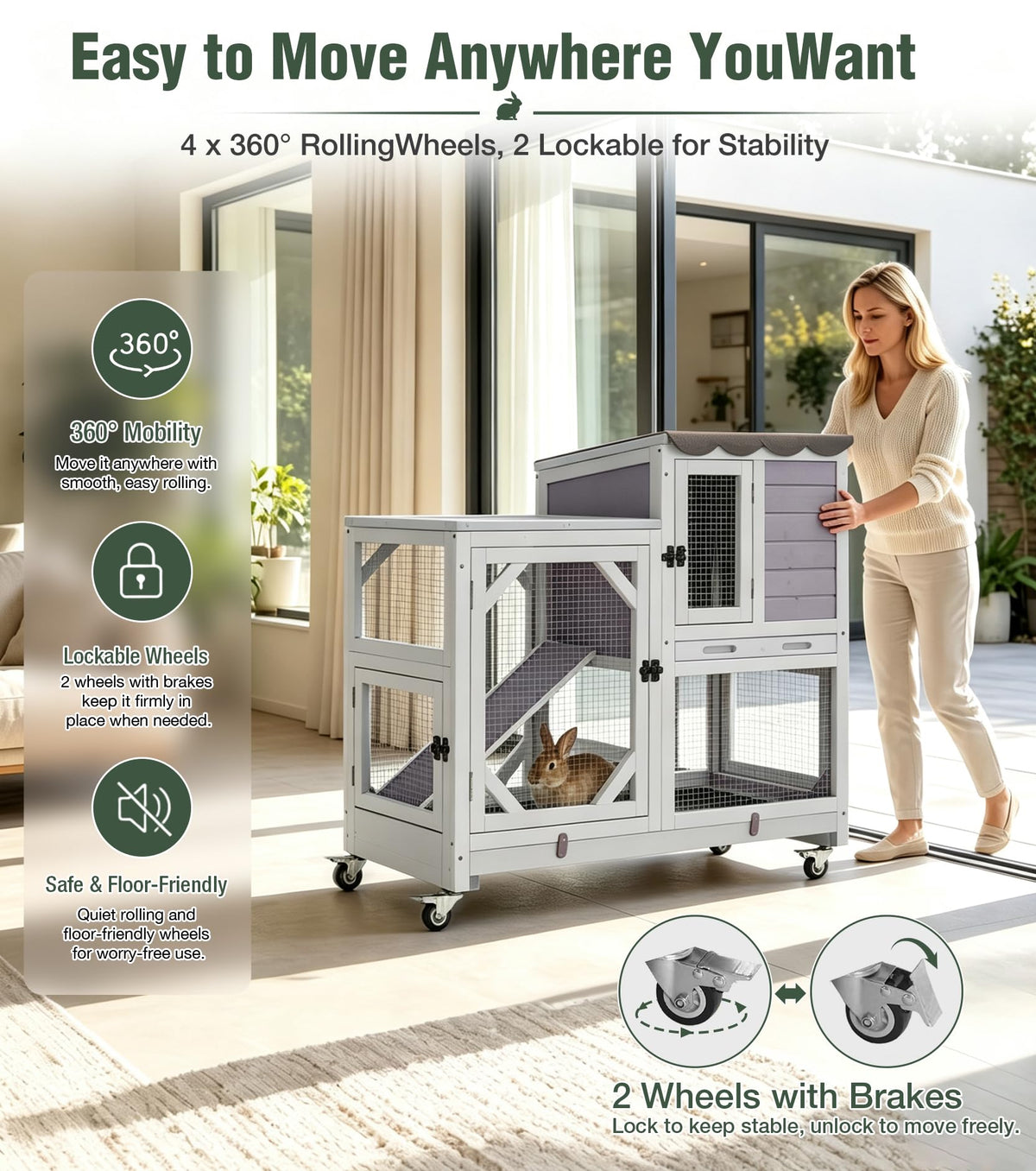 Wooden Rabbit Cage on Wheels with Ramp F73187