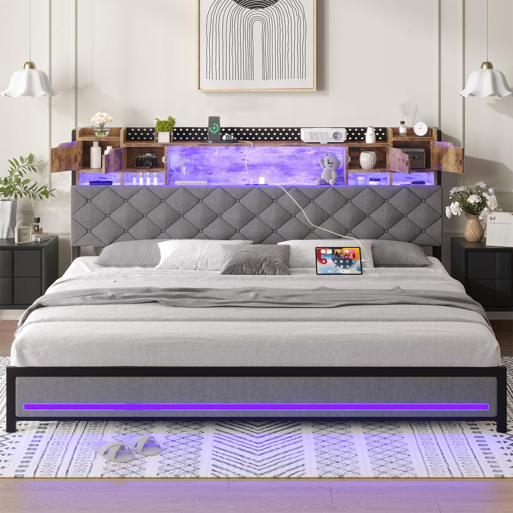 King Size Bed Frame with Storage & Upholstered Headboard D429