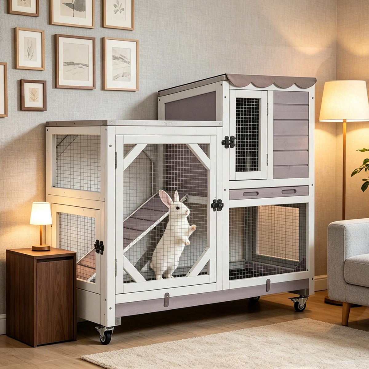 Wooden Rabbit Cage on Wheels with Ramp F73187