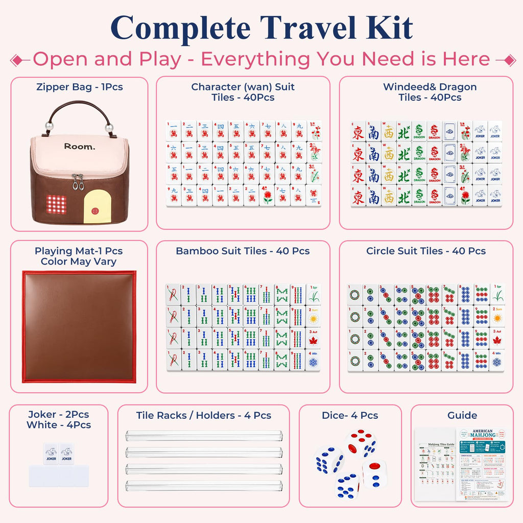 American Mahjong Set 166 Mini 0.8-Inch Tiles 4 Racks Pink U89126