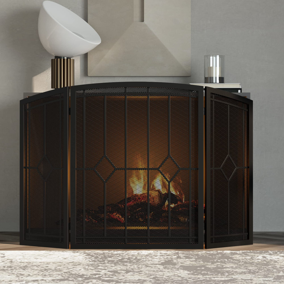 Wrought Iron Fireplace Screen 48"x30" Black Spark Guard X593242
