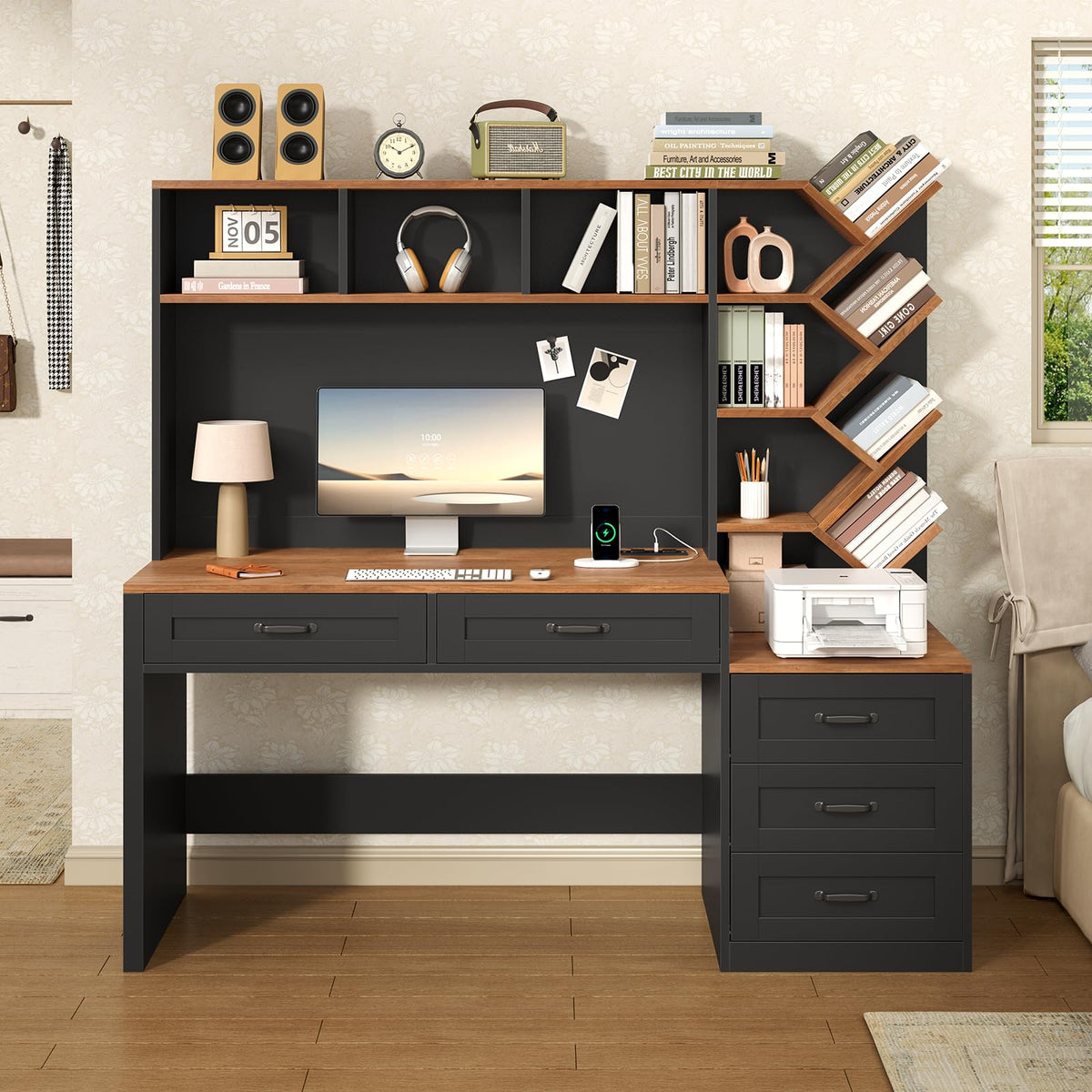 55" Computer Desk with Bookshelf, Drawers & Hutch O6083