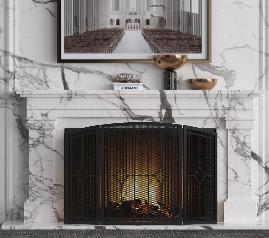Wrought Iron Fireplace Screen 48"x30" Black Spark Guard X593242