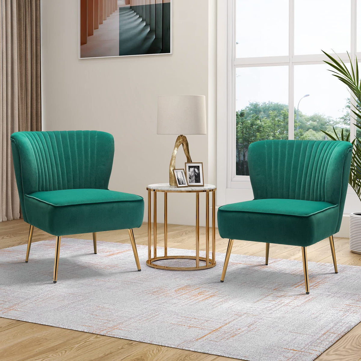 Velvet Accent Chair Set of 2 Emerald Green Wingback Armless Slipper Chair T118764