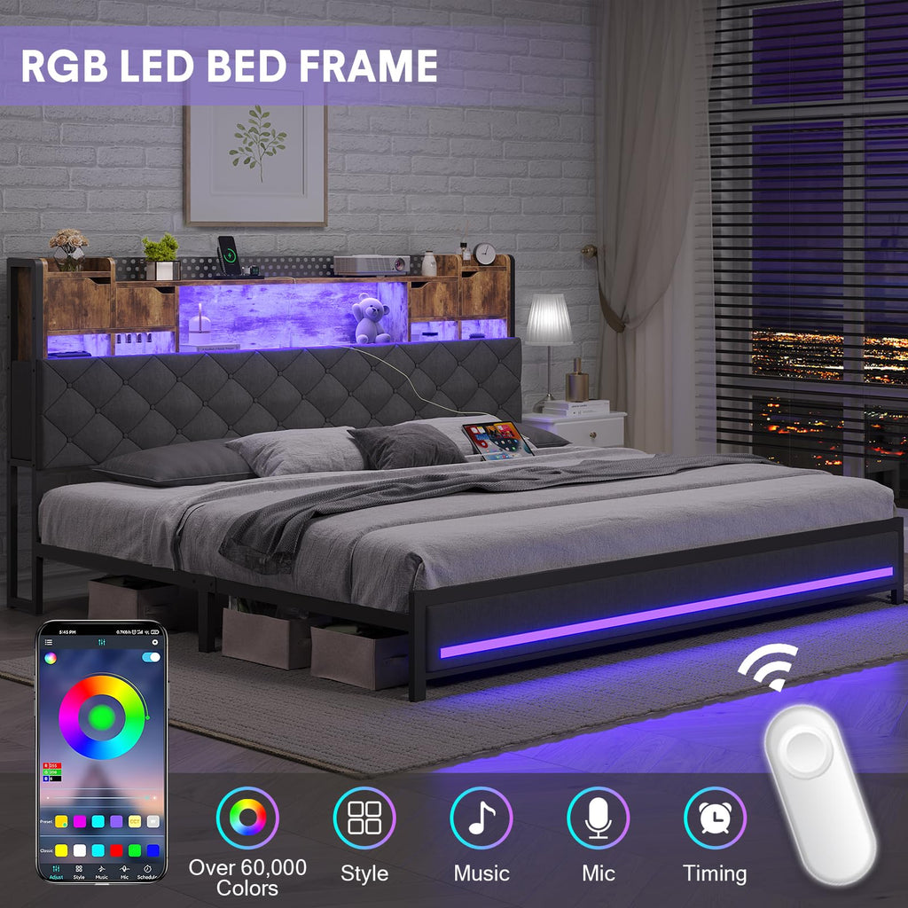 King Size Bed Frame with Storage & Upholstered Headboard D429