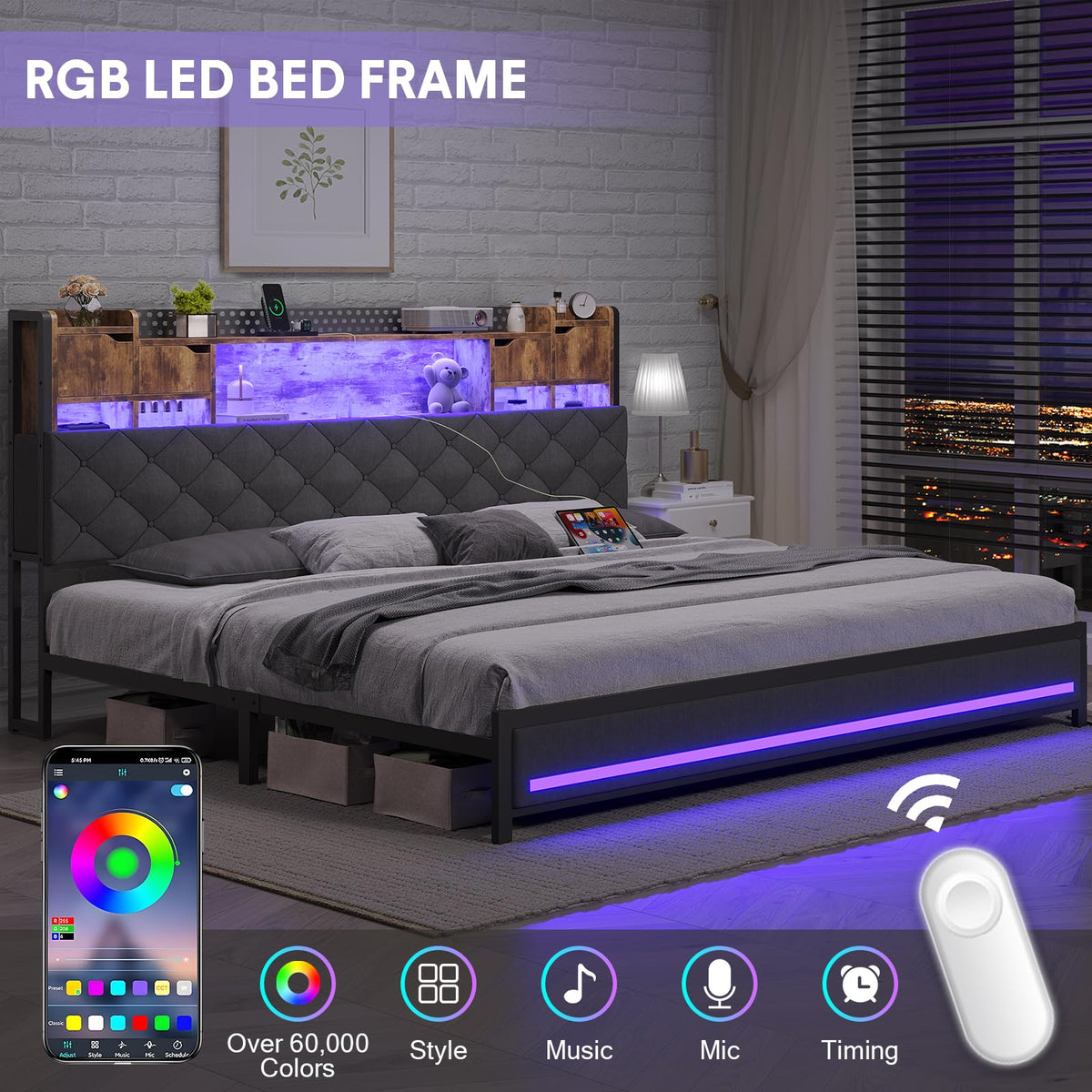 King Size Bed Frame with Storage & Upholstered Headboard D429
