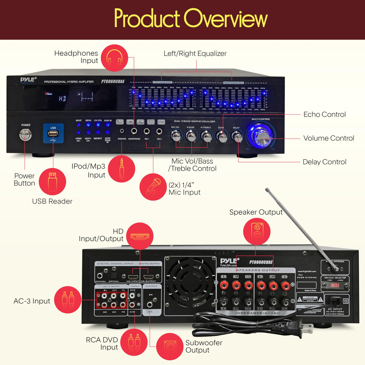 2000W 6-Channel Bluetooth Hybrid Home Amplifier P282204