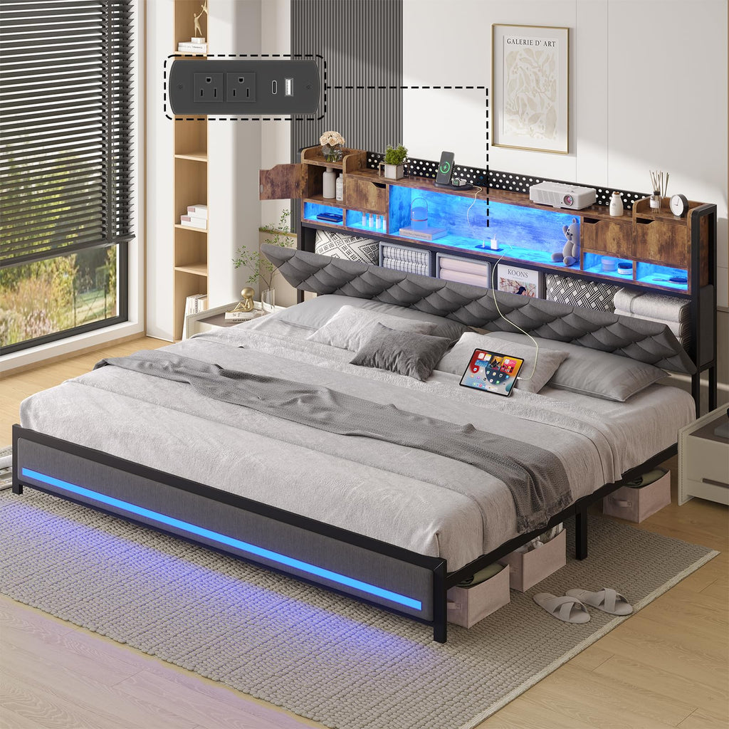 King Size Bed Frame with Storage & Upholstered Headboard D429