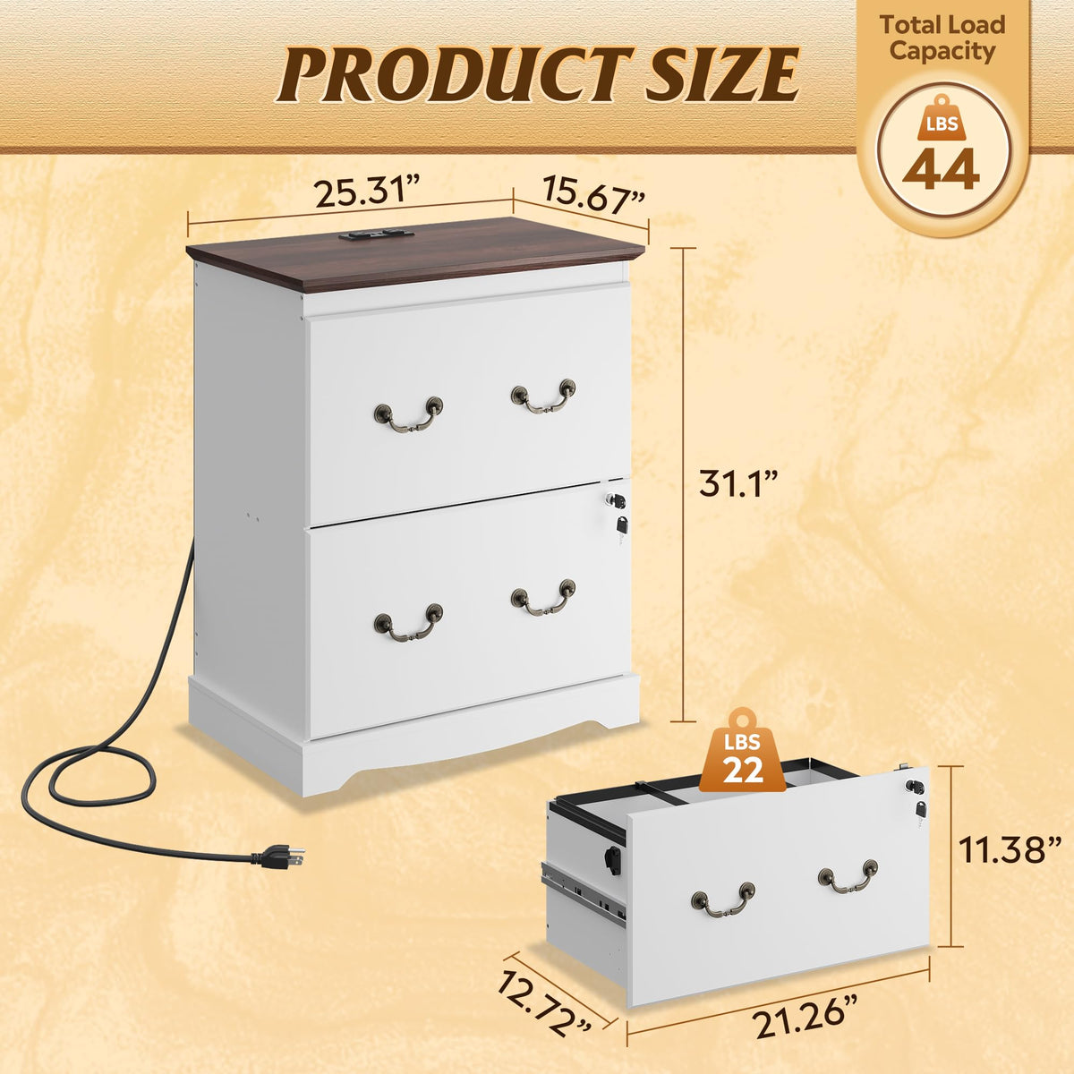 White 2 Drawer Wood File Cabinet with Charging Station and Lock T2986