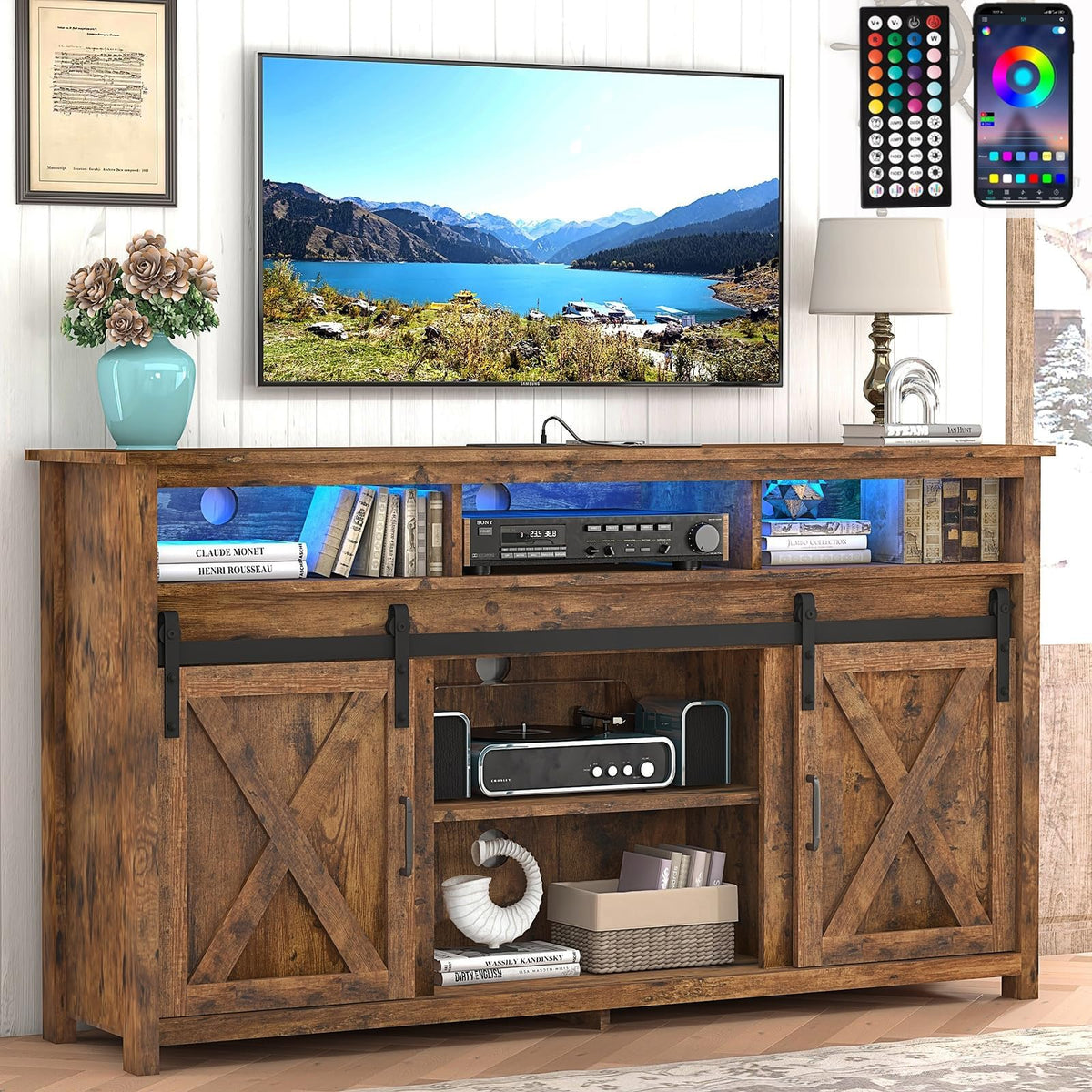 57In Wooden Farmhouse TV Stand with Sliding Barn Door W163872