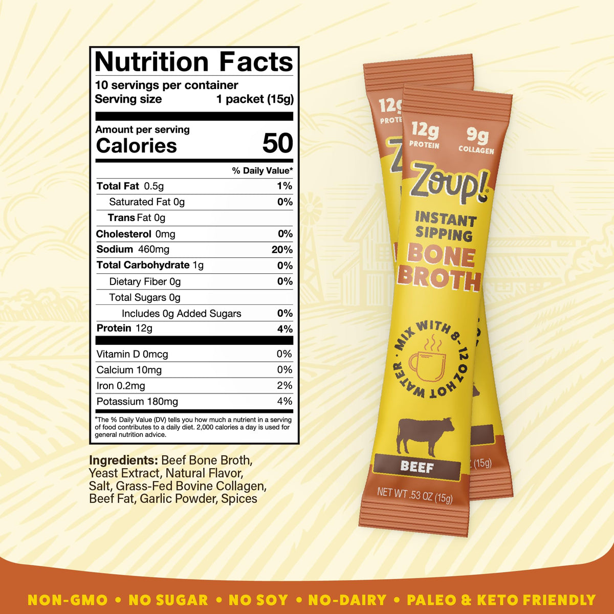 Instant Sipping Bone Broth Mix Beef 0.53 oz Pack of 30 J502
