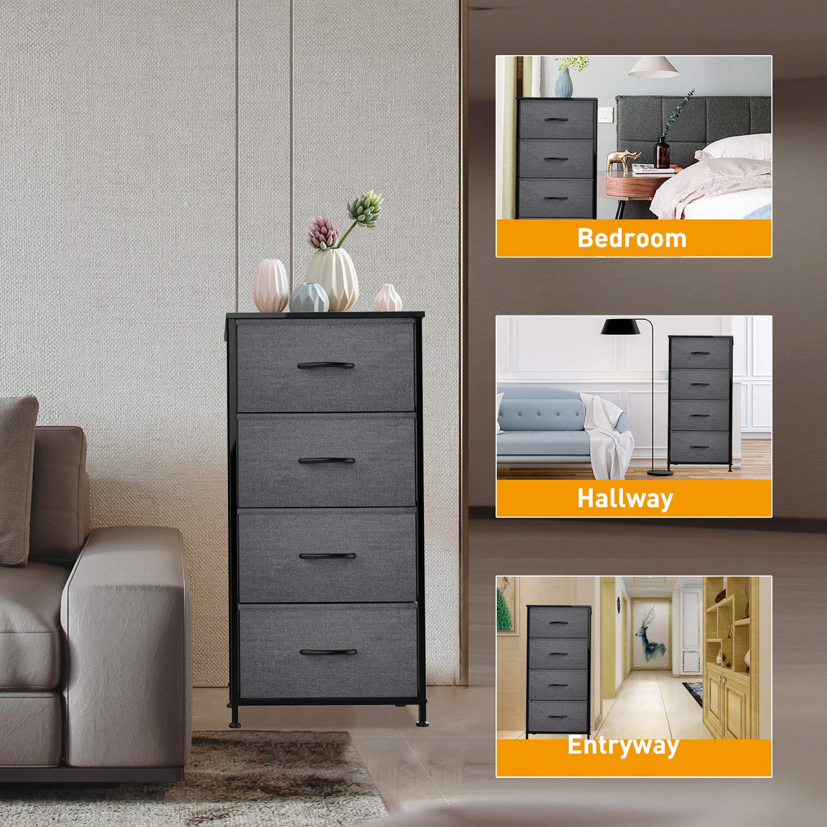 Black Grey 4 Drawer Fabric Storage Dresser L44028
