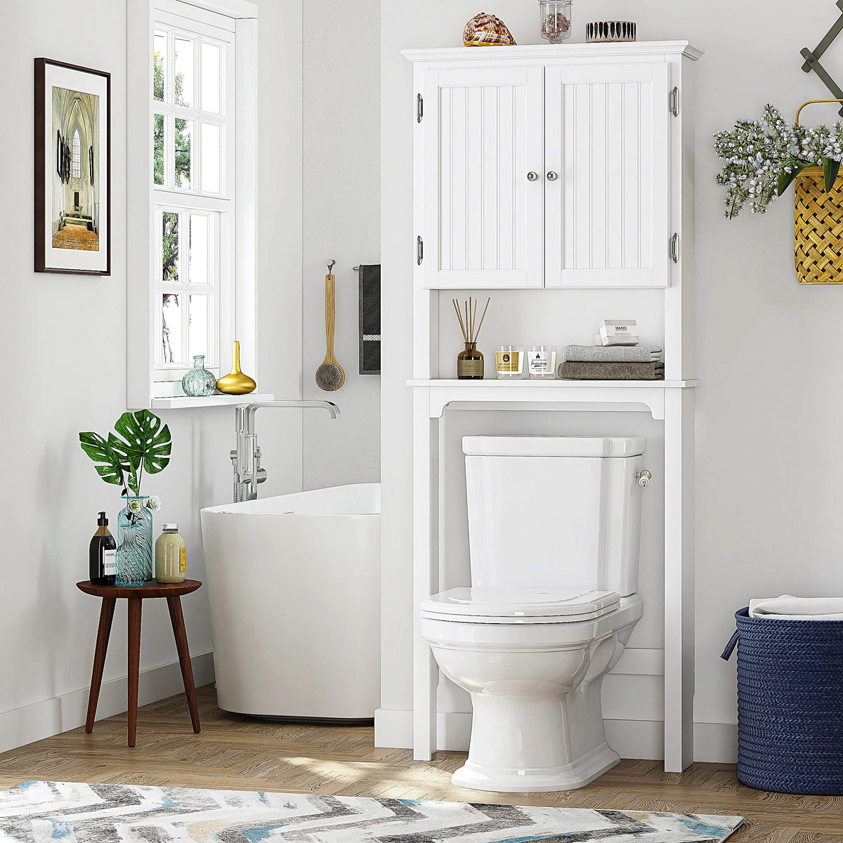 White Bathroom Storage Cabinet with Doors Q607413