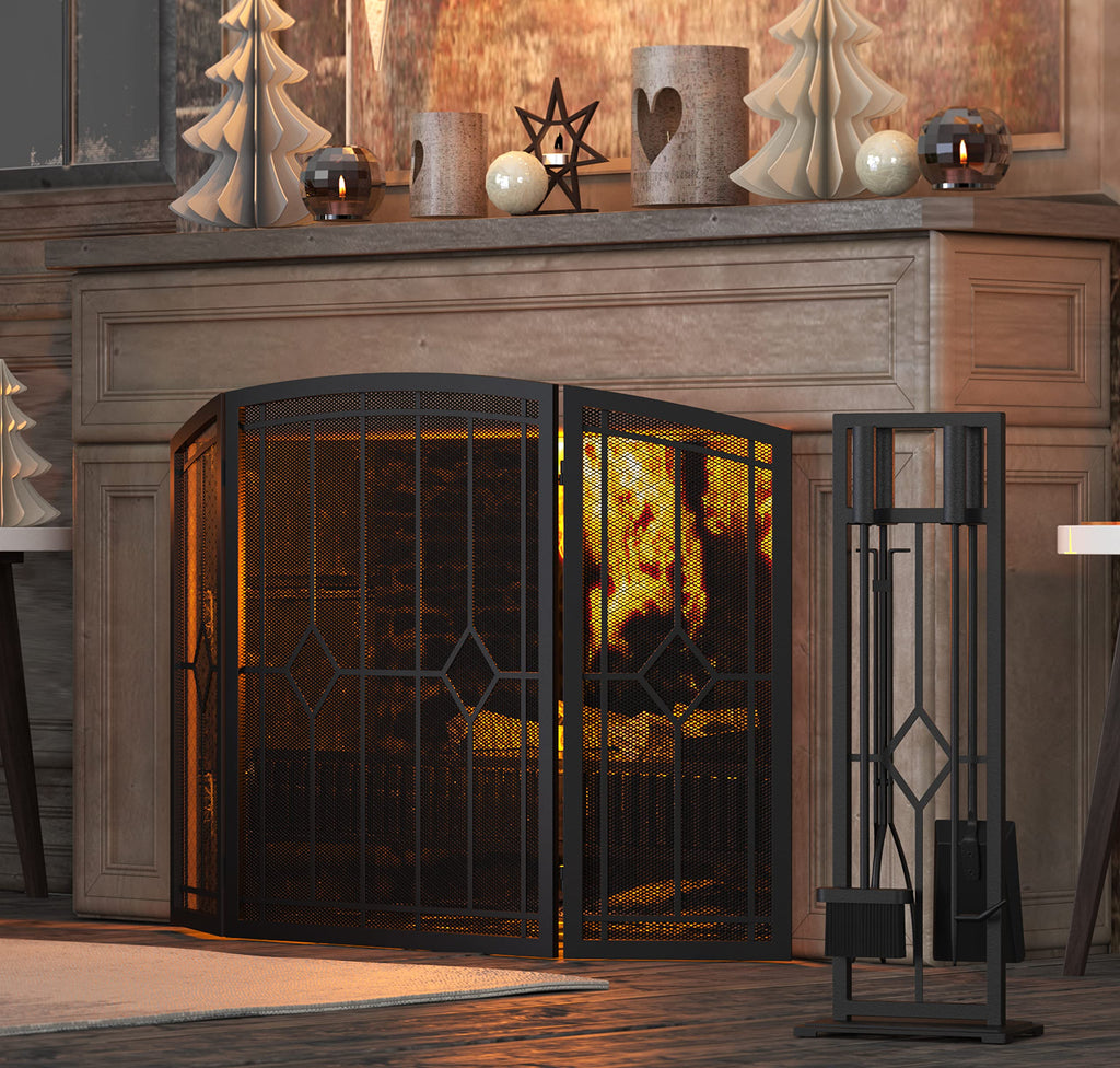 Wrought Iron Fireplace Screen 48"x30" Black Spark Guard X593242