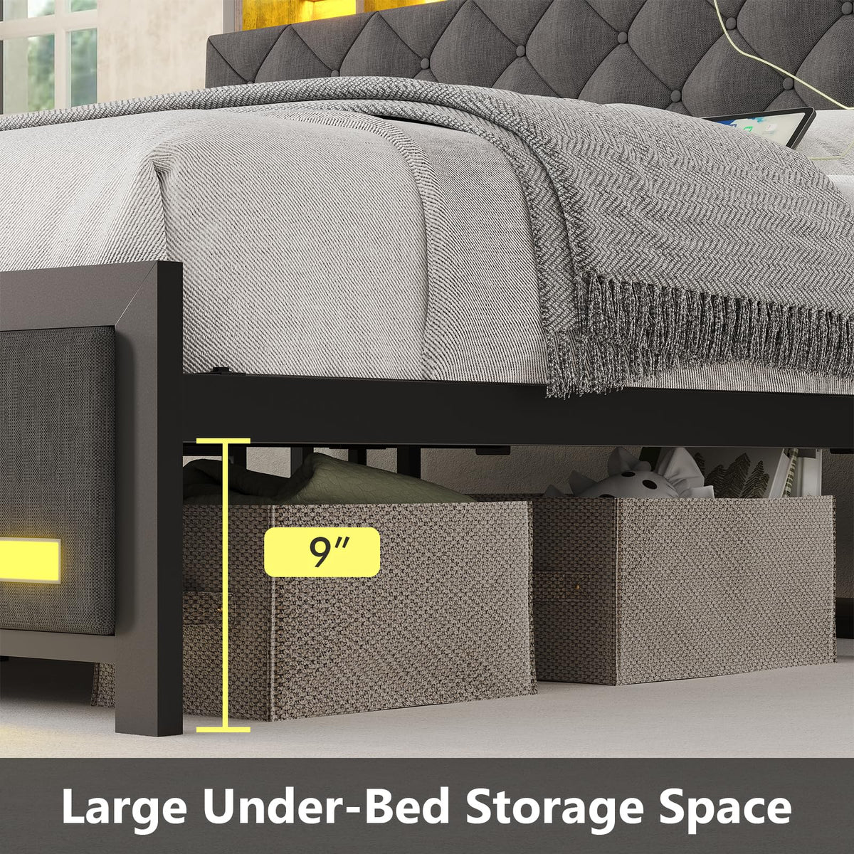King Size Bed Frame with Storage & Upholstered Headboard D429