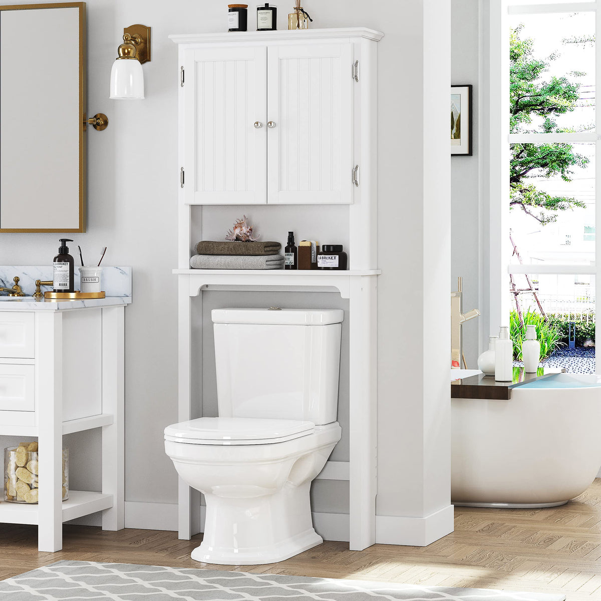 White Bathroom Storage Cabinet with Doors Q607413